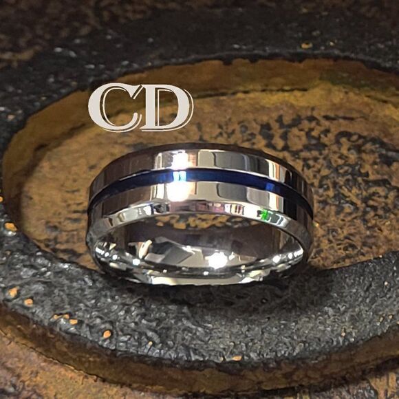Men's Wedding Ring Band - Silver with Blue Line Center Groove Blue Line Ring - Picture 1 of 5